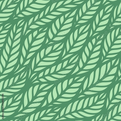 Seamless pattern with waves of leaves. Flower theme. Green background for summer and spring. Repeating texture for wallpaper design, website, print, fabrics, wrapping paper, textile. Vector image. © Oksana Zhigulina 