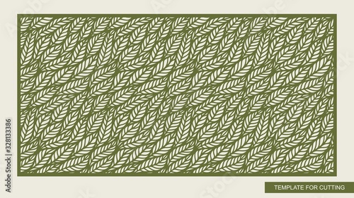 Decorative panel with leaf patterns. Seamless stencil with green floral ornament.  Rectangular background. Template for laser cutting, metal, wood carving, paper cut and printing. Vector illustration.