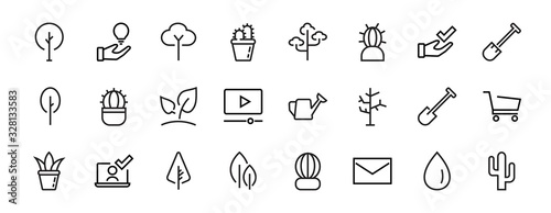 A set of Rosteniya Icons, and garden care, Vector illustration, Contains Icons such as tree, cactus, watering can, spade, flower and much more. on a white background, editable bar 480x480