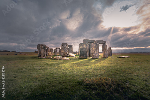 Stonehenge is a prehistoric monument in Wiltshire, England, two miles west of Amesbury.  photo