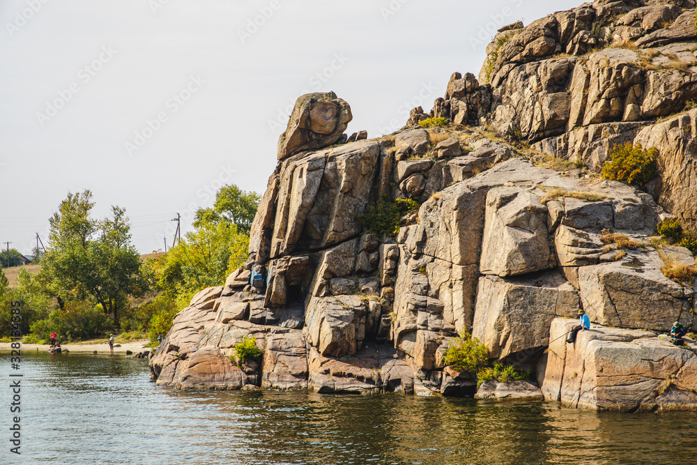 Rocky riverbank. Khortytsia - largest island in the River Dnieper located in the city Zaporizhia, Ukraine