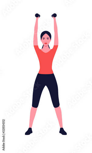 Young beautiful girl holds dumbbells over her. Sport. Flat vector illustration.