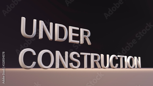 3D render of the words under construction. inscription on a black background, an interesting angle. reconstruction sign, spotlighted. giant white letters.
