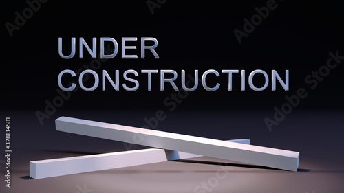 3D render of the words under construction. Sign over black background with building elements on floor. Symbol of site reconstruction