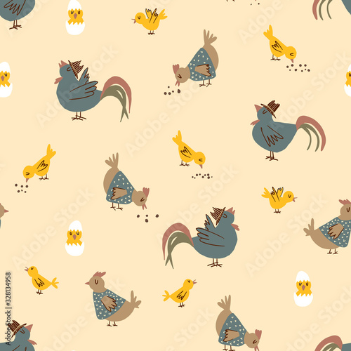 Cute chicken family hand-drawn seamless pattern. Cartoon chicken  egg  hen  rooster Easter pattern on yellow background for wrapping paper  fabric  textile  wallpaper  background