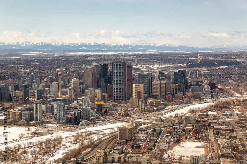 Calgary city centre from above in the winter