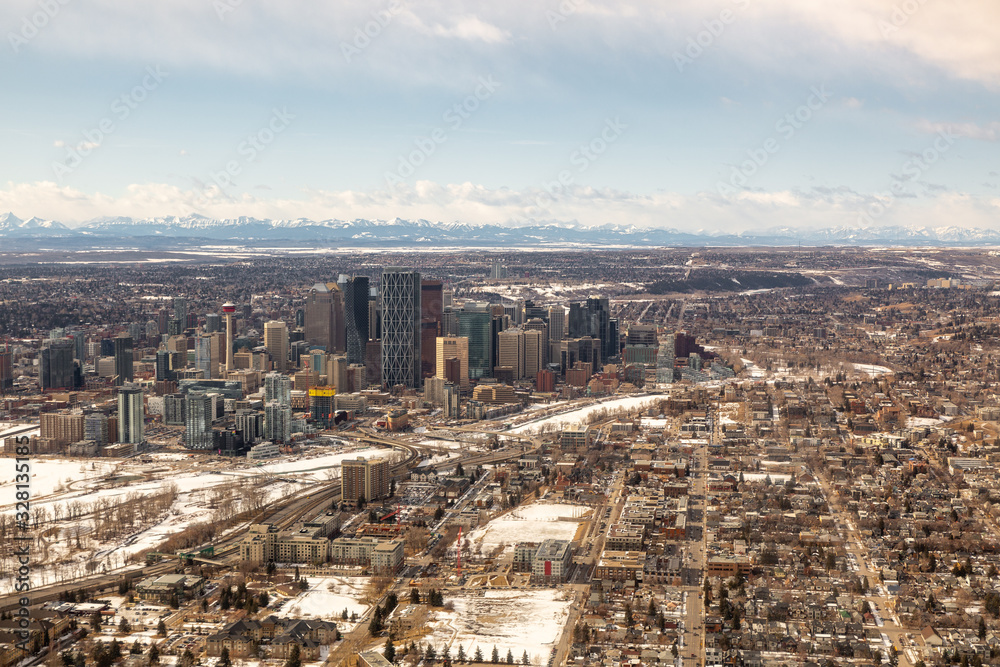 Calgary city centre from above in the winter