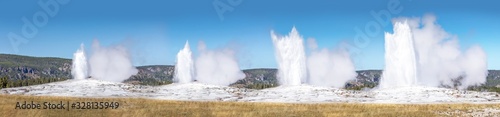 Development of the eruption, Old Faithful Geyser, Yellowstone. Panorama