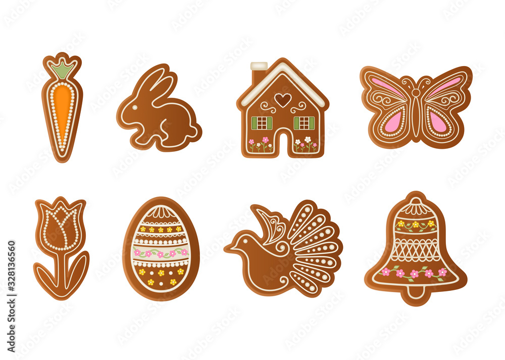 Set Easter gingerbreads. Carrot, rabbit, house, butterfly, tulip, egg, dove and bell Set Easter gingerbreads. Carrot, rabbit, house, butterfly, tulip, egg, dove and bell