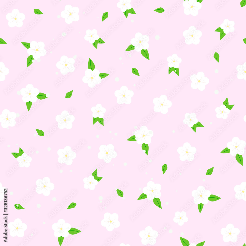 White flowers of cherry, apple tree seamless pattern. Elegant spring background with white flowers. Flat style. White flowers of cherry, apple tree seamless pattern. Elegant spring background with white flowers. Flat style.