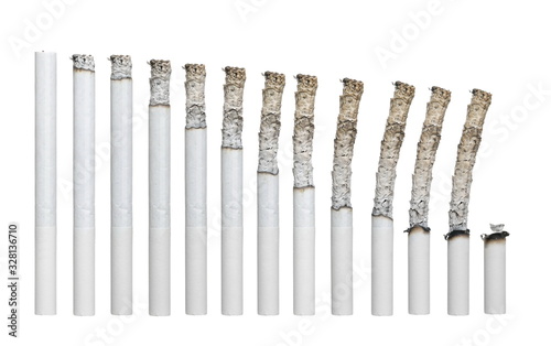 Set burning cigarette in different stages, isolated on white, clipping path