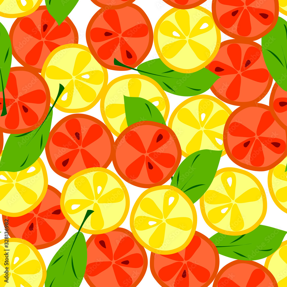 Orange, citrus seamless pattern. Tropical fruit background slices of lemon and orange for menus, baby clothes, textiles, packaging. Ripe oranges, tangerines, peaches on a branch with leaves Orange, citrus seamless pattern. Tropical fruit background slices of lemon and orange for menus, baby clothes, textiles, packaging. Ripe oranges, tangerines, peaches on a branch with leaves