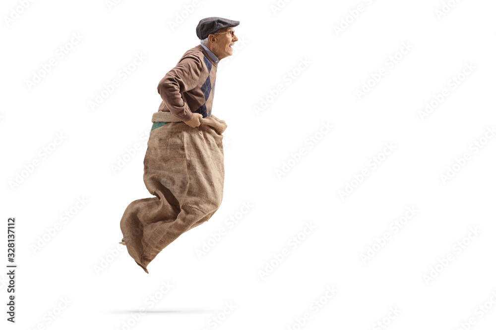 Profile shot of a senior man jumping in a sack