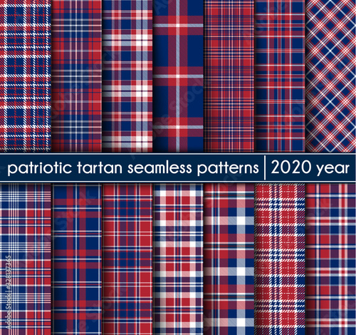Set of Blue, Red and White of Patriotic Tartan Seamless Patterns