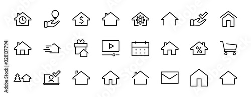 Simple set of line vector home icons. Contains house symbols at interest, infuse house and more. Editable stroke. 480x480 pixels perfect