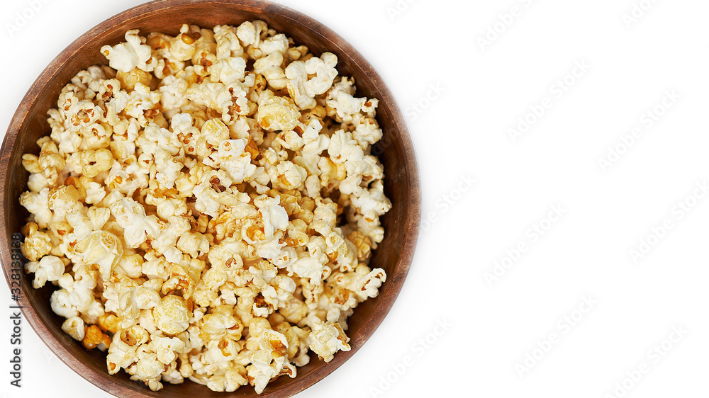 photo sweet popcorn on a white background wooden bowl top view photo sweet popcorn on a white background wooden bowl top view