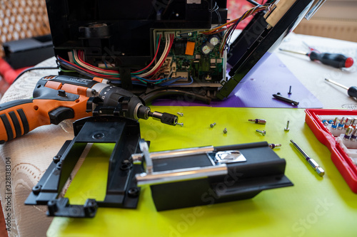 Deconstructed coffee machine for repair