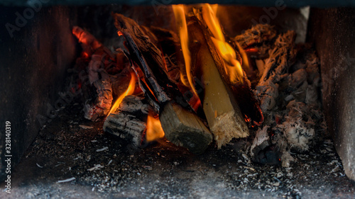 open fire, burning wood close-up