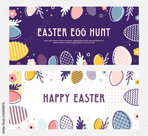 abstract banner template for Easter Egg hunt . Greeting card, poster or banner with bunny, flowers and Easter egg. Spring background
