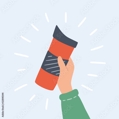 Hand holding a reusable mug. Thermo cup or tumblers with cover for take away hot coffee or tea. Hand drawn vector illustration on light background