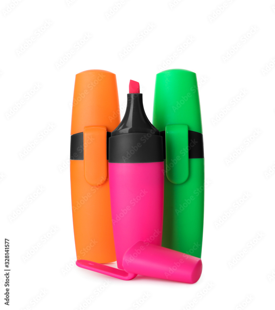 Bright color highlighters isolated on white. Stationery for office