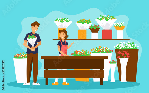 Young man is buying bouquet in the flower shop. Florist saleswoman demonstrating the assortment .