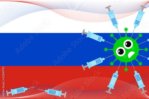 Web banner for advocacy for the prevention of viral diseases in medical institutions against the background of the flag of Russia, the concept of the benefits of vaccination for human health