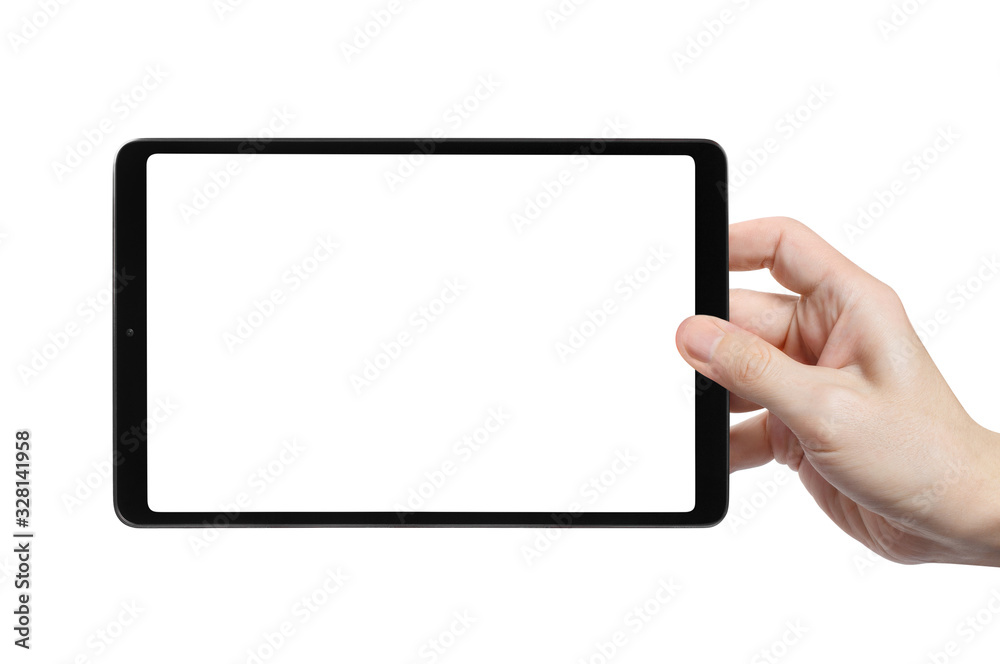Hand holding black tablet, isolated on white background Hand holding black tablet, isolated on white background