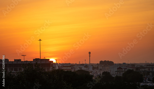 Orange sunset. The tree and arabic city against the sun disc.
