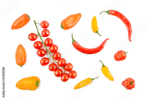 Wallpaper Mural Cherry tomatoes, cayenne and chili pepper isolated on a white background. View from above. Torontodigital.ca
