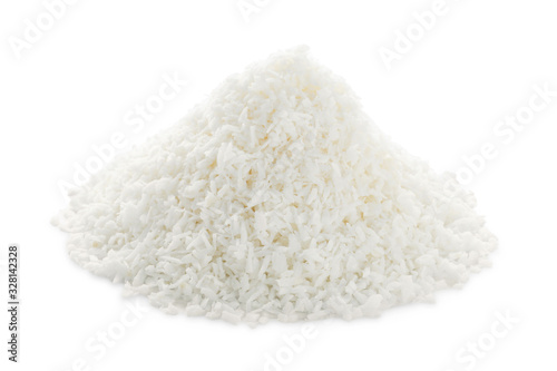 Heap of fresh coconut flakes isolated on white