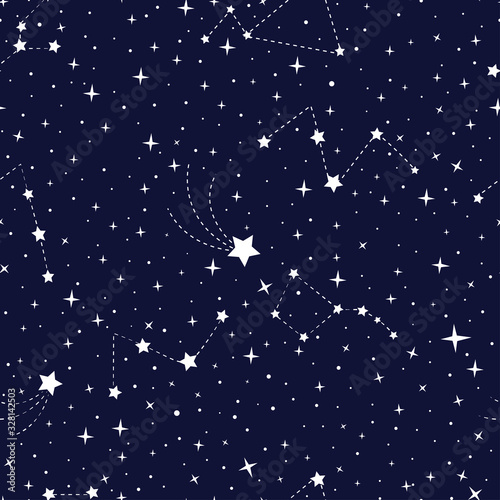 Vector stars and constellations seamless pattern. Constellations in the night sky. Night sky pattern - white constellations on a dark blue background.