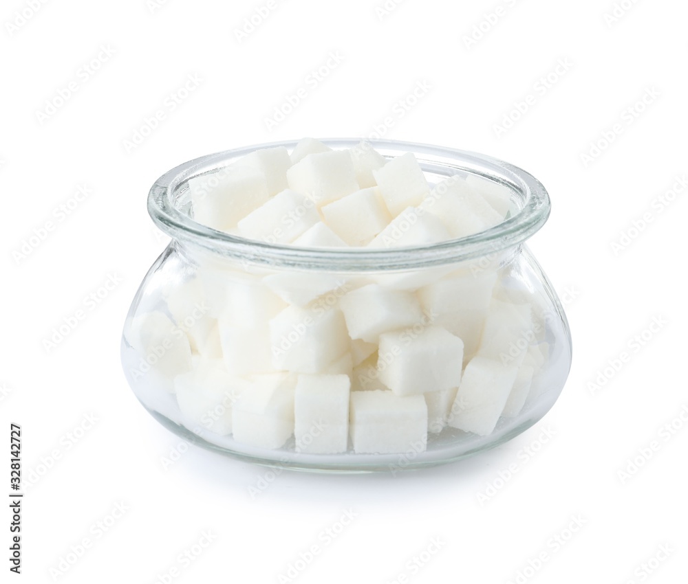 Glass bowl with sugar cubes isolated on white Glass bowl with sugar cubes isolated on white