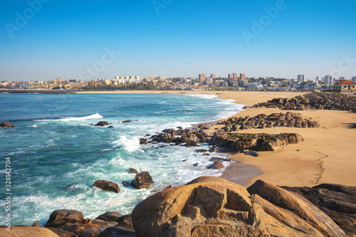 Beautiful bay on a sunny day. Douro Cabedelo Beach. View of Porto city, Portugal, Europe