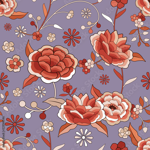 Seamless floral pattern based on the embroidered flowers of oriental shawl
