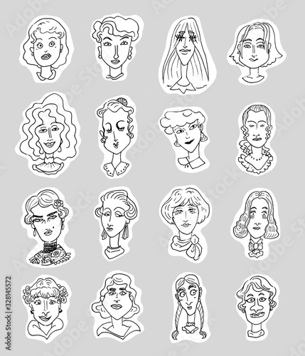 Set of linear simple caricature portraits of women isolated on white background.