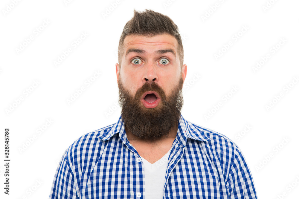 Obraz premium big sales. mustachioed and bearded. surprised after hairdresser salon. barbershop master. mustache from barber. Mature hipster with beard. trendsetter hipster with mustache isolated on white