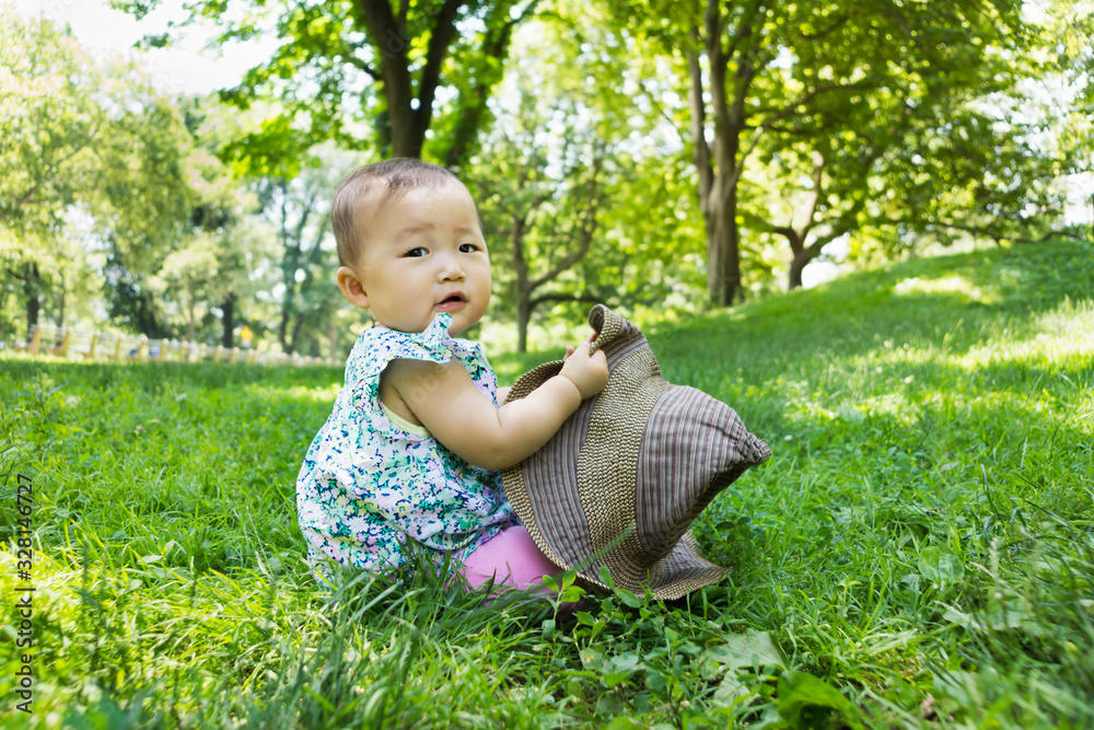 Japanese toddler girl portrait on a grass in summer Japanese toddler girl portrait on a grass in summer