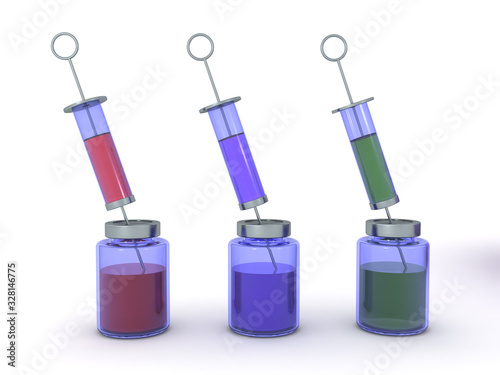 3D Rendering of different colored syringes and serum bottles