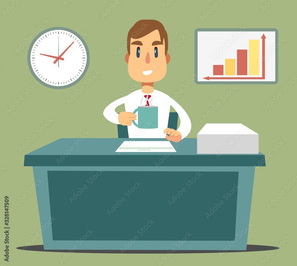 Business man entrepreneur working on his clean and sleek office desk. Flat style color modern vector illustration.