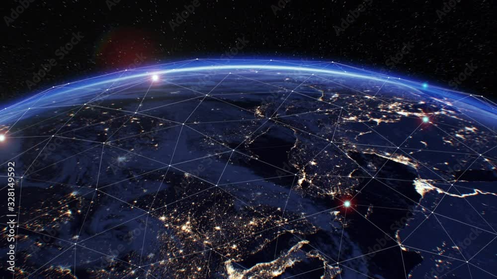 Digital Grid Over the Earth Sunrise. Beautiful View from Space Satellite. Futuristic Abstract Network Growing and Covering Planet. Modern Business and Technology Concept. 4k Ultra HD 3840x2160