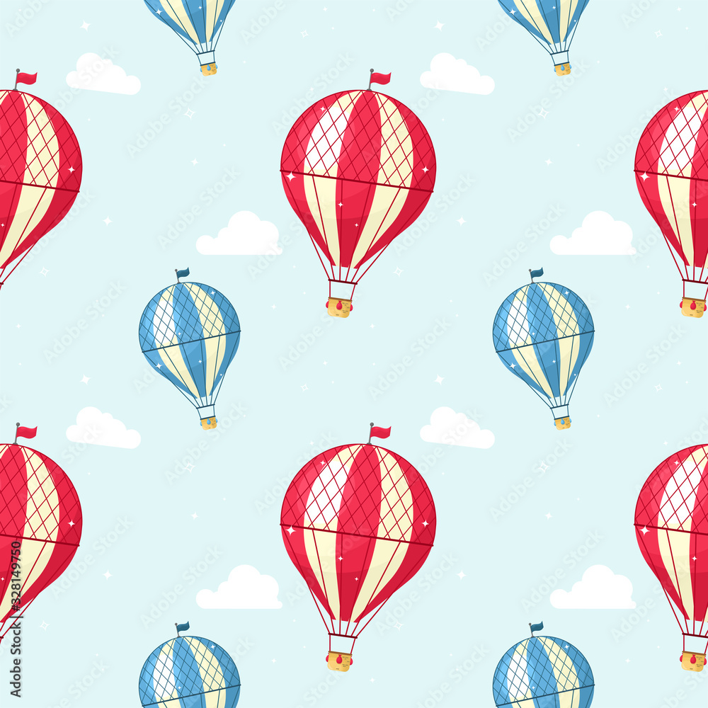 Seamless pattern with aerostats in the sky and clouds. Vector pattern.