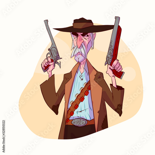 Colorful vector illustration of a cartoon bounty hunter, cowboy or an outlaw. photo