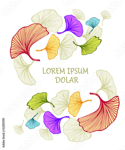 Template frame or flyer or banner with colorful Gingko Biloba leaves for decoration different things or for embroidery or for tea package or medicine