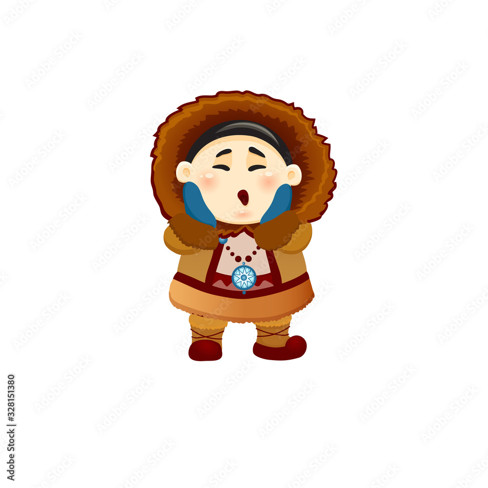 vector illustration of a surprised cartoon eskimo shaman from alaska with a warm fur national coat and in blue mittens, a sticker of surprise, inuit, chukchi, chukcha, isolated on white, eps 10