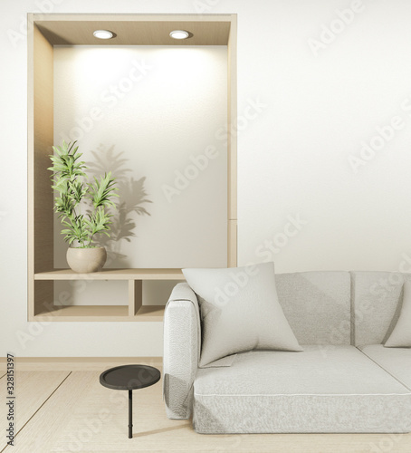 Modern Zen living room interior  white sofa and decor Japanese style on room white wall background. 3d rendering