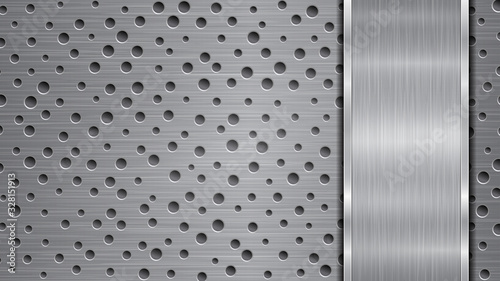 Background in silver and gray colors, consisting of a perforated metallic surface with holes and one vertical polished plate located on right side, with a metal texture, glares and shiny edges