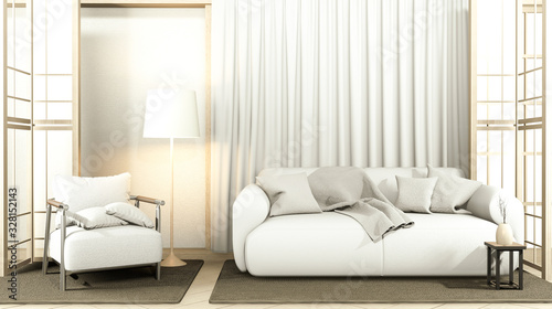 Modern Zen living room interior, white sofa and decor Japanese style on room white wall background. 3d rendering © Interior Design