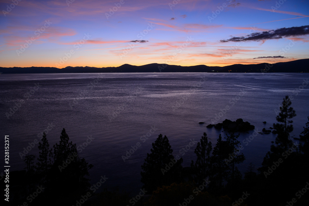 Incline Village, Nevada, USA - 8/22/2019: Beautiful sunset in Sand Harbor on Tahoe Lake