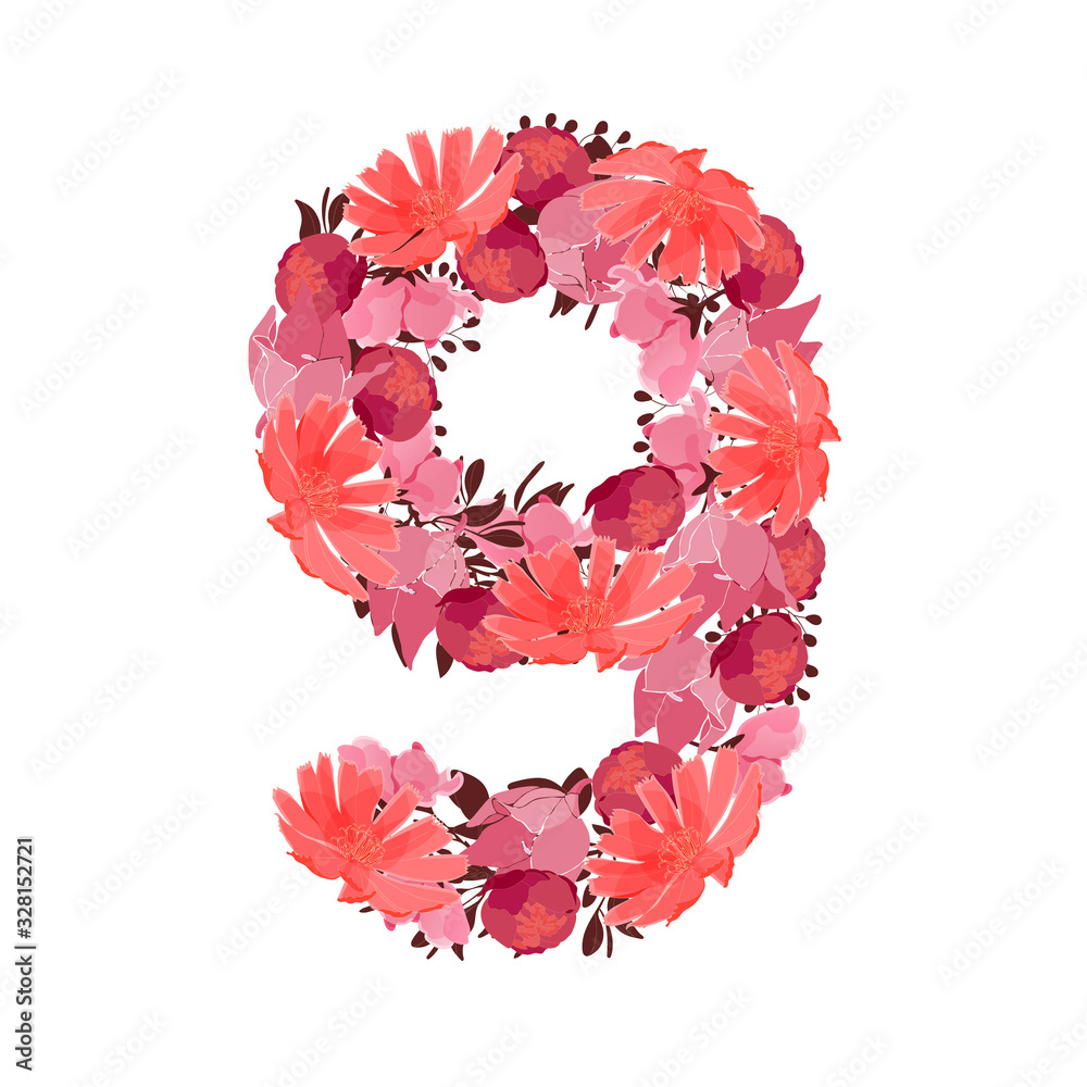 Vector flower number 9. Botanical character, figure. Pink, maroon, coral  color flowers in the shape of a bold number isolated on white background.  Chicory, peonies, lilies with branches. Stock Vector